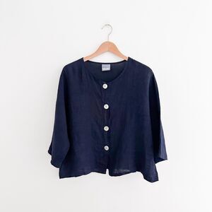 Made In Italy 100% Linen Navy Button Front Top Cropped Minimalist Blouse Size M